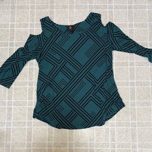 JM Collection Teal and Black Geometric  Open Shoulder Blouse